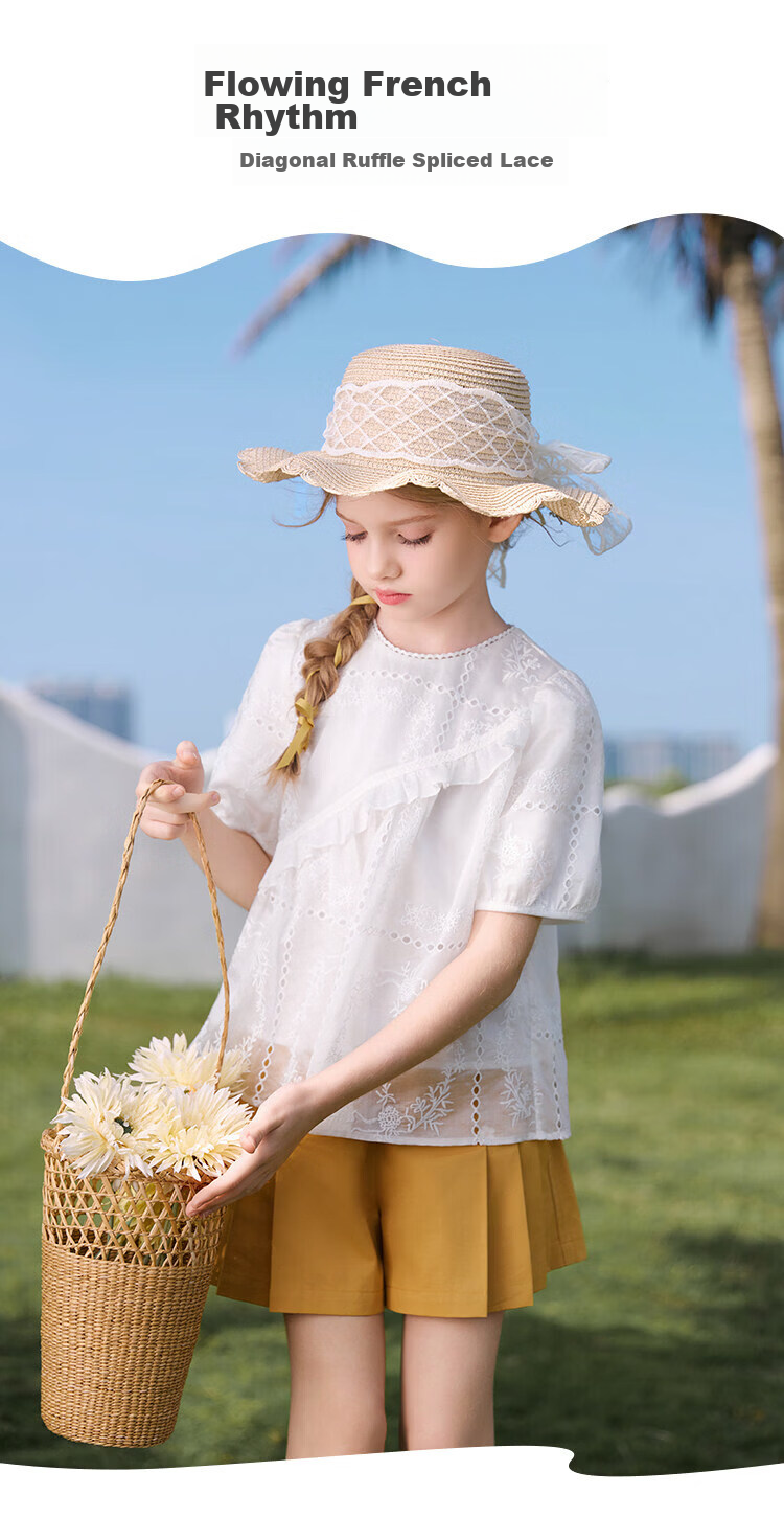 CHANZUIGOU Girls French Style Hollow Embroidered Top 2026 Summer New Breathable Short Sleeve Shirt 6
